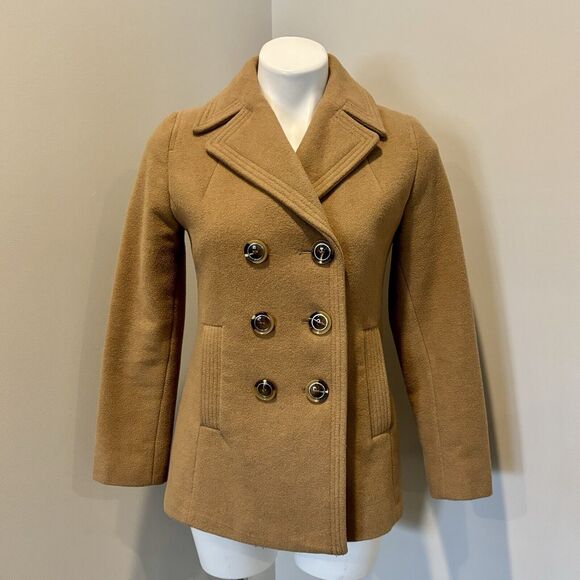 Kenneth Cole Reaction Pea Coat 2P Camel Tan Wool Pockets - Picture 13 of 13